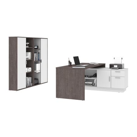 Bestar Equinox 3-Piece L-Shaped Desk and Two Bookcases, Bark Gray/White 115851-000047